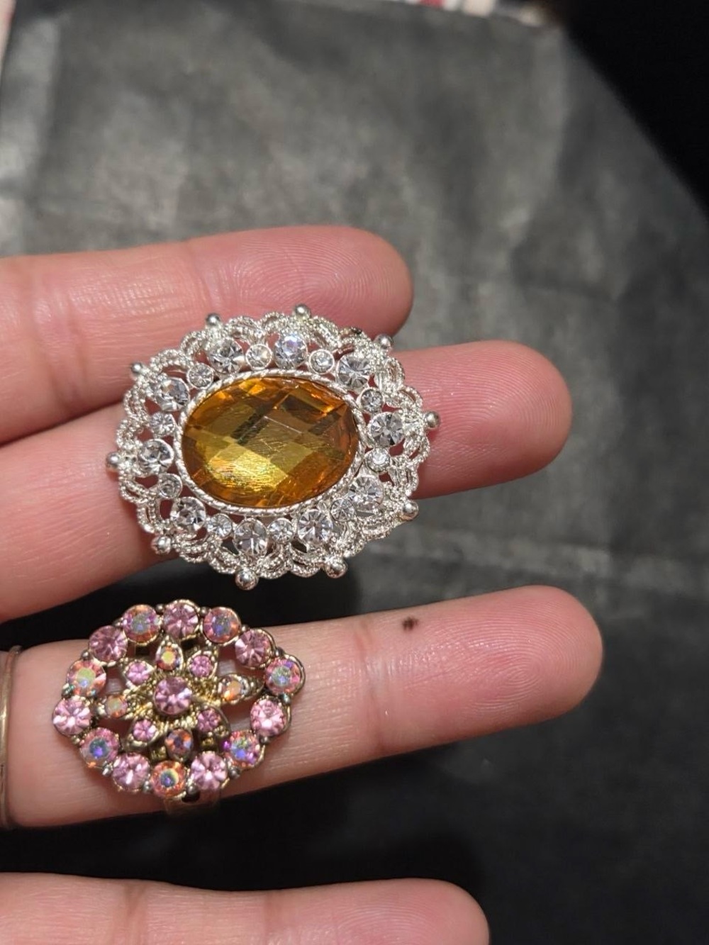 Silver-Tone ring with Amber Center and Clear Crystal Halo - Women's Jewelry